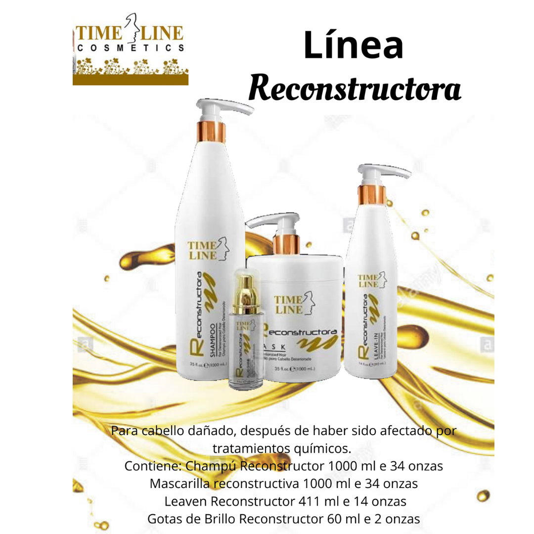 Línea Reconstructora Amostimeline para Cabello Dañado shampoo, mascarilla, leave in y gotas de brillo